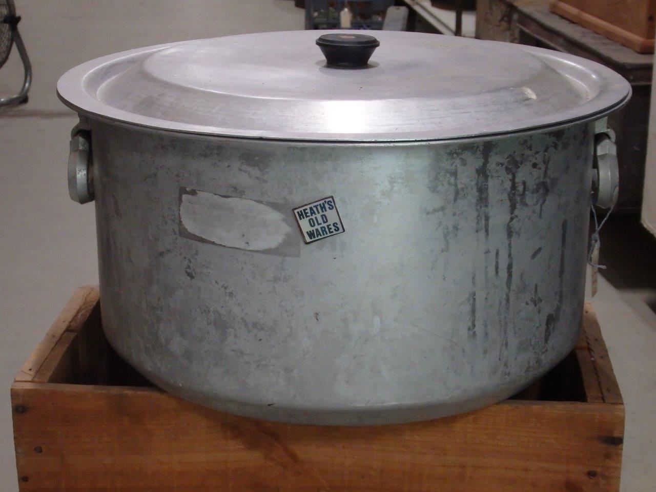 Huge aluminium boiler stock pot for sale at Heath's Old Wares , Collectables and Industrial Antiques 19-21 Broadway Burringbar, Open 7 Days Ph 0266771181